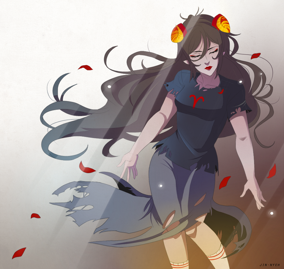 1girl, aradia_megido, black_hair, closed_eyes, gradient, gradient_background, grey_skin, homestuck