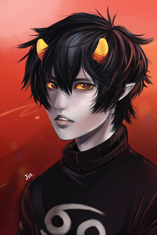 1boy, black_hair, bust, fangs, grey_skin, homestuck, horns, jin-nyeh