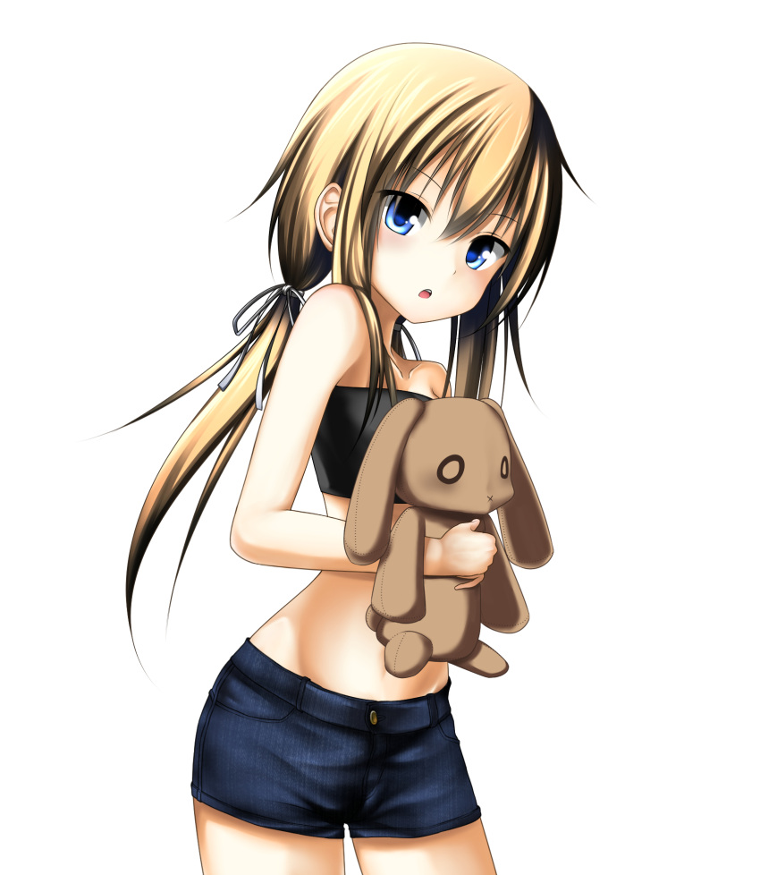 :o, bare_shoulders, blonde_hair, blue_eyes, denim, denim_shorts, highres, hug