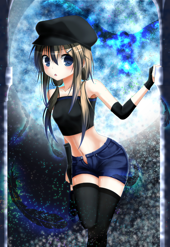 bare_shoulders, blue_eyes, brown_hair, denim, denim_shorts, fingerless_gloves, gloves, hat