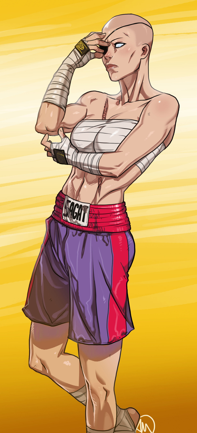 1girl, ankle_wraps, bald, bandages, blue_eyes, breasts, cosplay, eyepatch, ganassa, highres, no_pupils, real_life_insert, sagat, sagat_(cosplay), sarashi, scar, shirtless, shorts, solo, street_fighter, toned, wrist_wraps