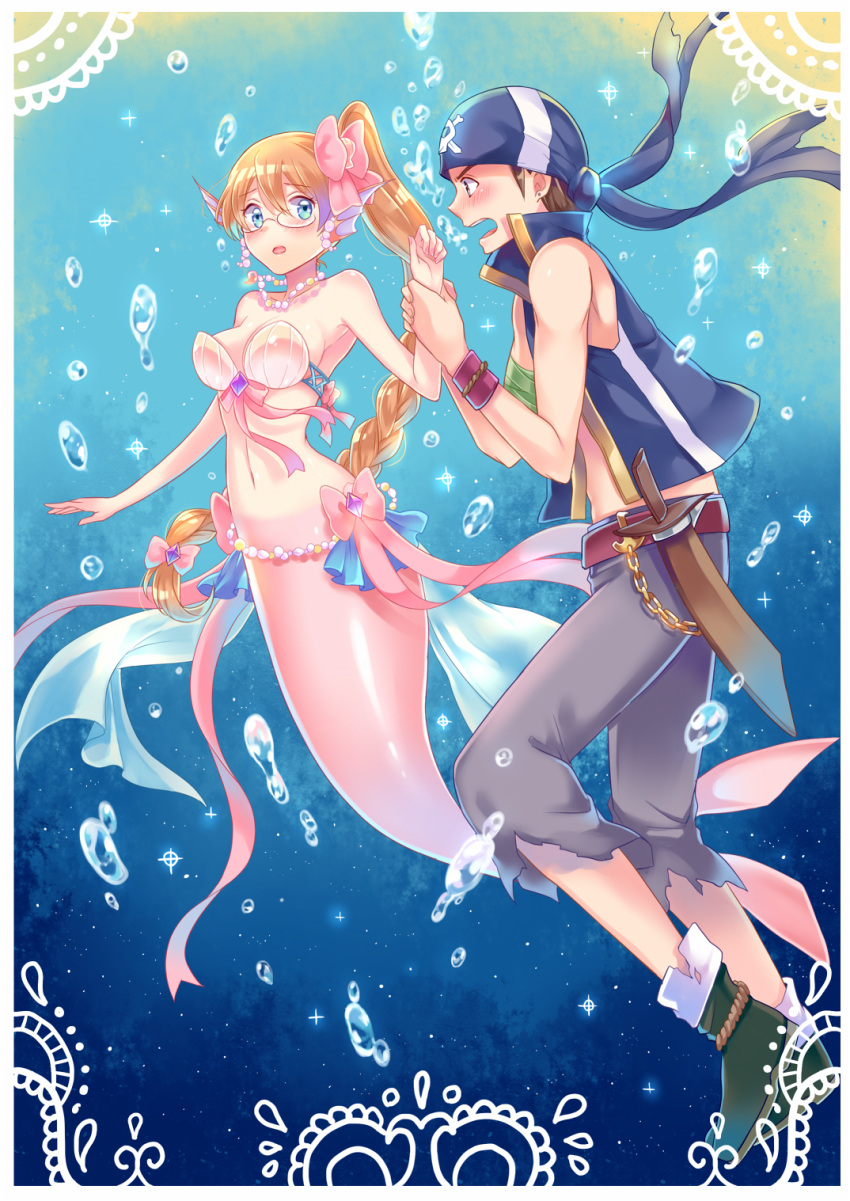 1boy, 1girl, andy_w_hall, aquarion_(series), aquarion_evol, bandana, bare_shoulders, blue_eyes