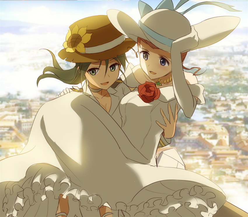 2girls, brown_hair, carrying, city, cityscape, dress, elbow_gloves, epaulettes
