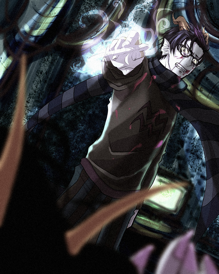 1boy, 1girl, black-framed_glasses, black_hair, blood, bloody_clothes, clenched_teeth, computer