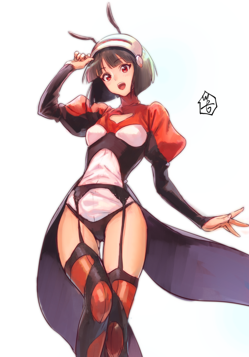 1girl, black_hair, black_legwear, black_panties, character_request, garter_straps, ghost_sweeper_mikami, hairband, hat, kawakami_rokkaku, luciola, open_mouth, panties, red_eyes, red_legwear, short_hair, solo, thigh-highs, underwear