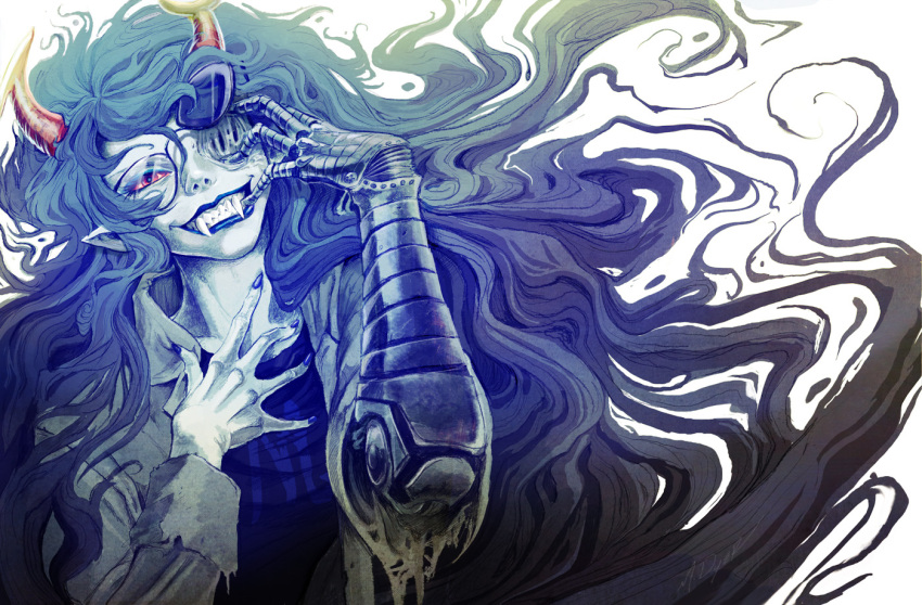 1girl, blue_eyes, blue_hair, claws, crazy_smile, glasses, grey_skin, homestuck, horns, lipstick, long_hair, makeup, mallory_dyer, nail_polish, robot_joints, robotic_arm, sharp_teeth, smile, solo, very_long_hair, vriska_serket