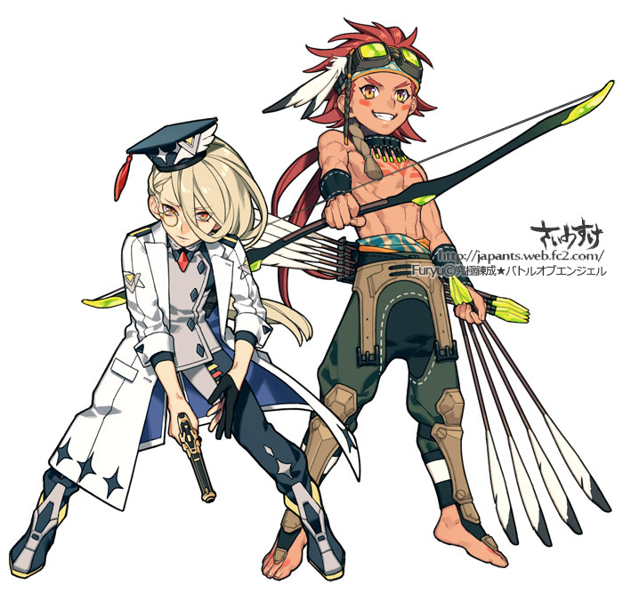 2boys, abs, arrow, artist_name, barefoot, blonde_hair, boots, bow_(weapon), dark_skin, facial_mark, feathers, fingerless_gloves, full_body, gloves, goggles, goggles_on_head, grin, gun, hat, headband, japants, long_coat, long_hair, looking_at_viewer, male, monocle, multiple_boys, orange_eyes, original, pants, ponytail, redhead, shirtless, simple_background, single_glove, sleeves_rolled_up, smile, tassel, toned, weapon, white_background, wrist_cuffs