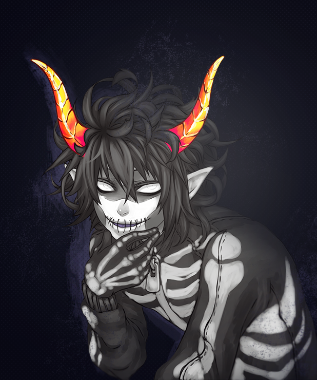 1boy, arm_support, black_hair, bone, claws, fangs, gloves, grey_skin