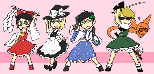 2girls, 3boys, ?, black_hair, blonde_hair, blue_eyes, bow, cosplay, crossdressinging, davesprite, detached_sleeves, dirk_strider, dual_wielding, glasses, gohei, green_eyes, gun, hair_bow, hair_ornament, hair_ribbon, hair_tubes, hairband, hakurei_reimu_(cosplay), hat, homestuck, jake_english, jane_crocker, kirisame_marisa_(cosplay), kochiya_sanae_(cosplay), konpaku_youmu_(cosplay), lowres, midriff, multiple_boys, multiple_girls, pink_eyes, ribbon, roxy_lalonde, short_hair, skirt, skull_hair_ornament, smile, sunglasses, sword, touhou, trait_connection, weapon, witch_hat