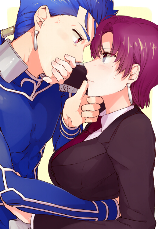 1boy, 1girl, bazett_fraga_mcremitz, blue_hair, fate/hollow_ataraxia, fate_(series), hand_on_another's_face, hand_on_own_face, hetero, lancer, mspn, purple_hair, red_eyes, violet_eyes