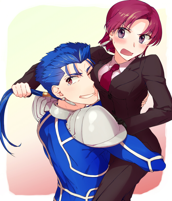 1boy, 1girl, bazett_fraga_mcremitz, blue_hair, fate/hollow_ataraxia, fate_(series), head_on_chest, lancer