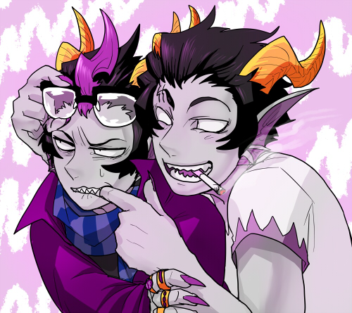 2boys, black_hair, cape, cigarette, cronus_ampora, eridan_ampora, fangs, glasses, glasses_removed, grey_skin, homestuck, jewelry, lowres, mihirahira, multiple_boys, nail_polish, open_mouth, poking, ring, scarf, short_hair, smile, striped, striped_scarf, white_eyes