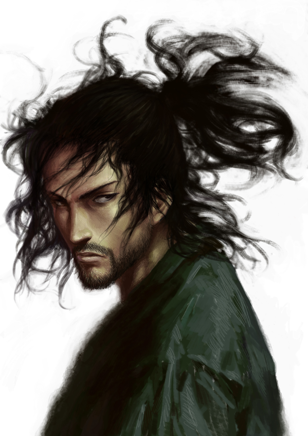 beard, black_hair, facial_hair, frown, highres, long_hair, male, miyamoto_musashi