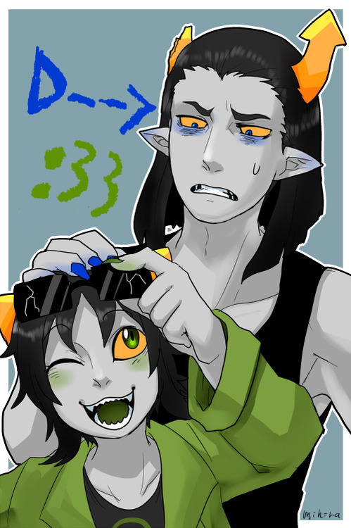 1boy, 1girl, black_hair, blue_eyes, clenched_teeth, coat, equius_zahhak, fang
