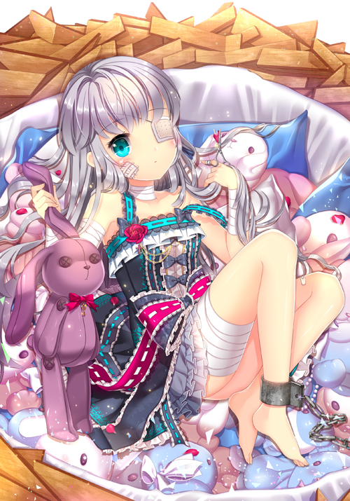1girl, agrt, bandages, bandaid, blue_eyes, blush, chain, child