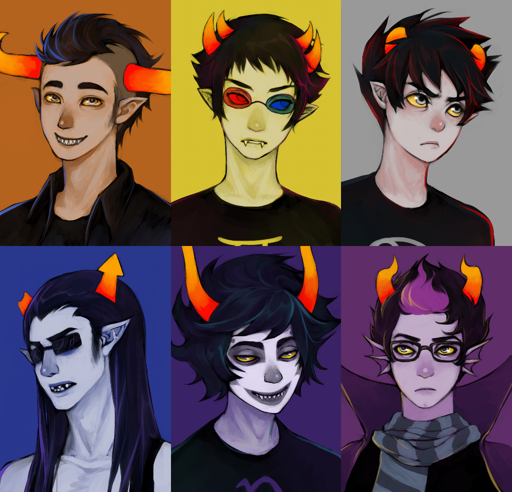 3d_glasses, 6+boys, black_hair, bust, cape, equius_zahhak, eridan_ampora, fangs