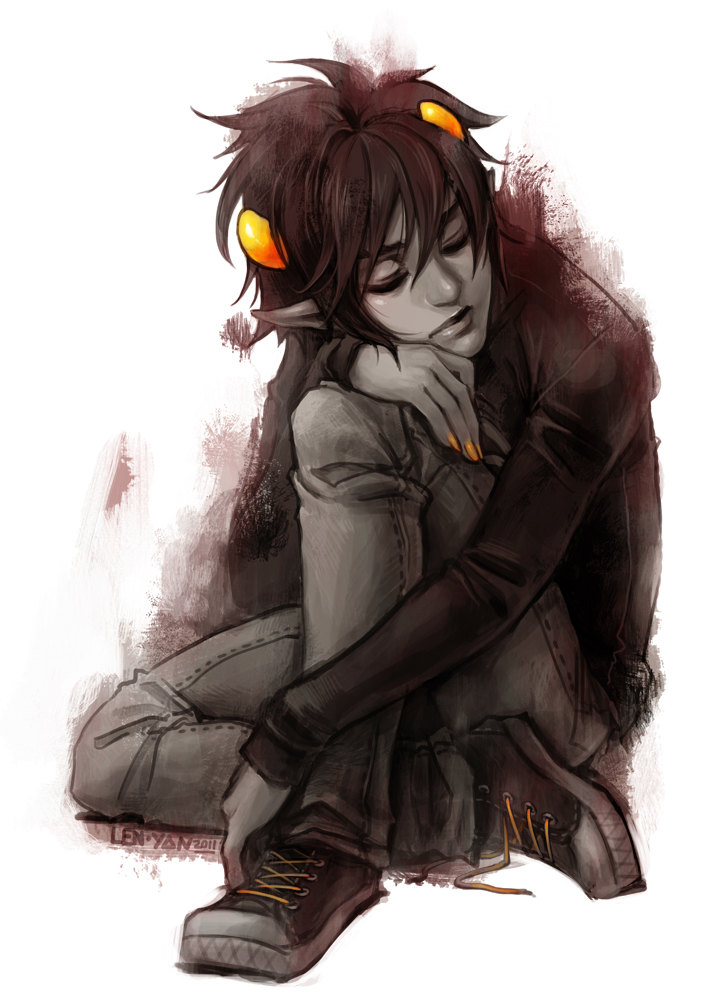 1boy, arm_support, black_hair, closed_eyes, grey_skin, homestuck, horns, karkat_vantas
