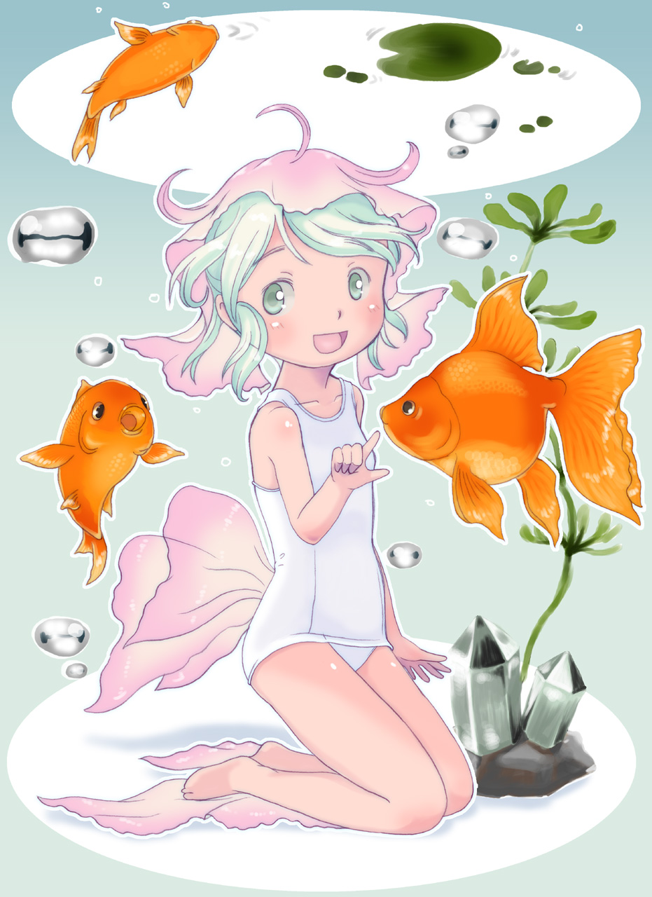 1girl, aqua_eyes, aqua_hair, barefoot, blush, bubble, crystal, fins, fish, fish_tail, goldfish, hatomugi_(mamotan), highres, kneeling, short_hair, solo, swimsuit