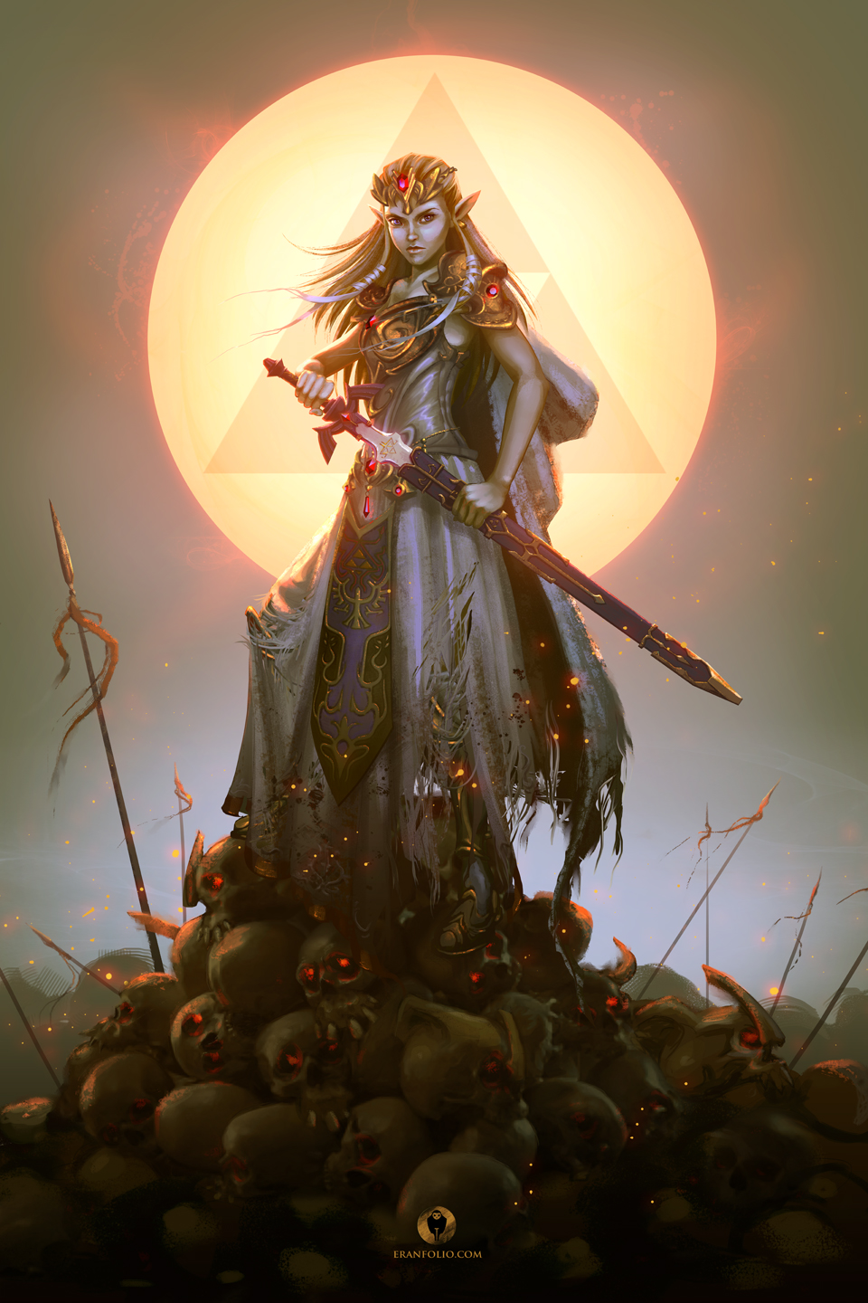 brown_hair, dress, eran_folio, highres, jewelry, lips, long_hair, master_sword