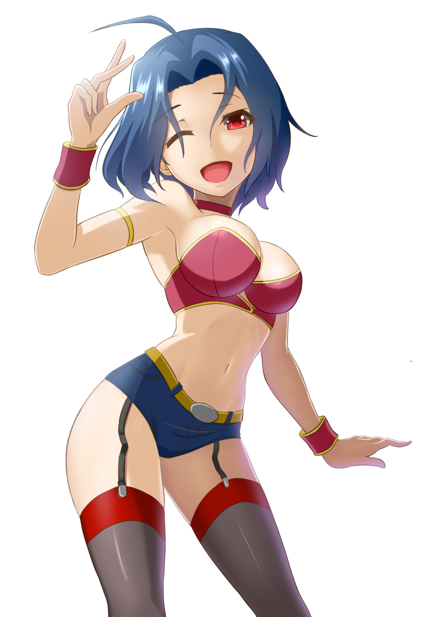 1girl, absurdres, ahoge, arm_up, armlet, black_legwear, blue_hair, breasts