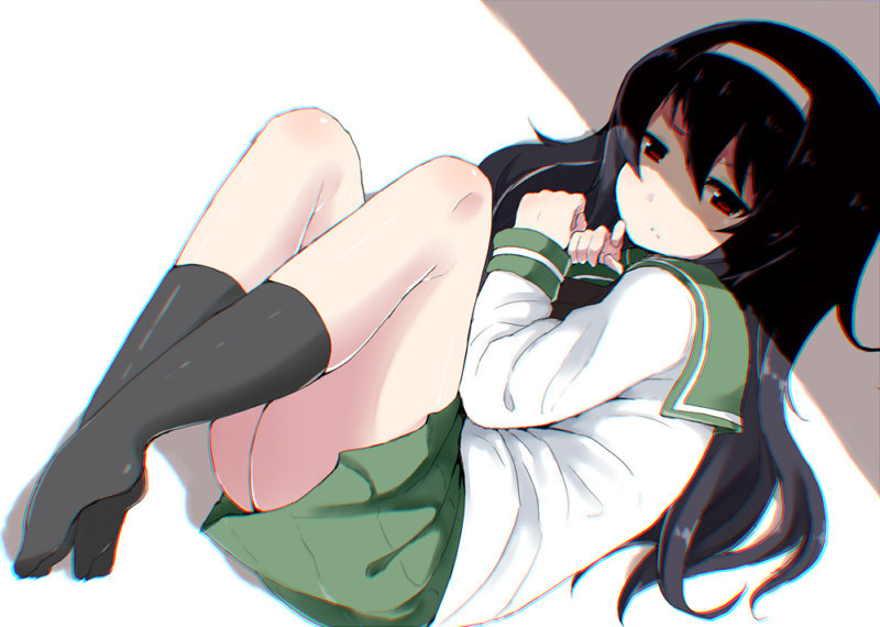 1girl, black_hair, black_legwear, fetal_position, girls_und_panzer, hairband, long_hair, red_eyes