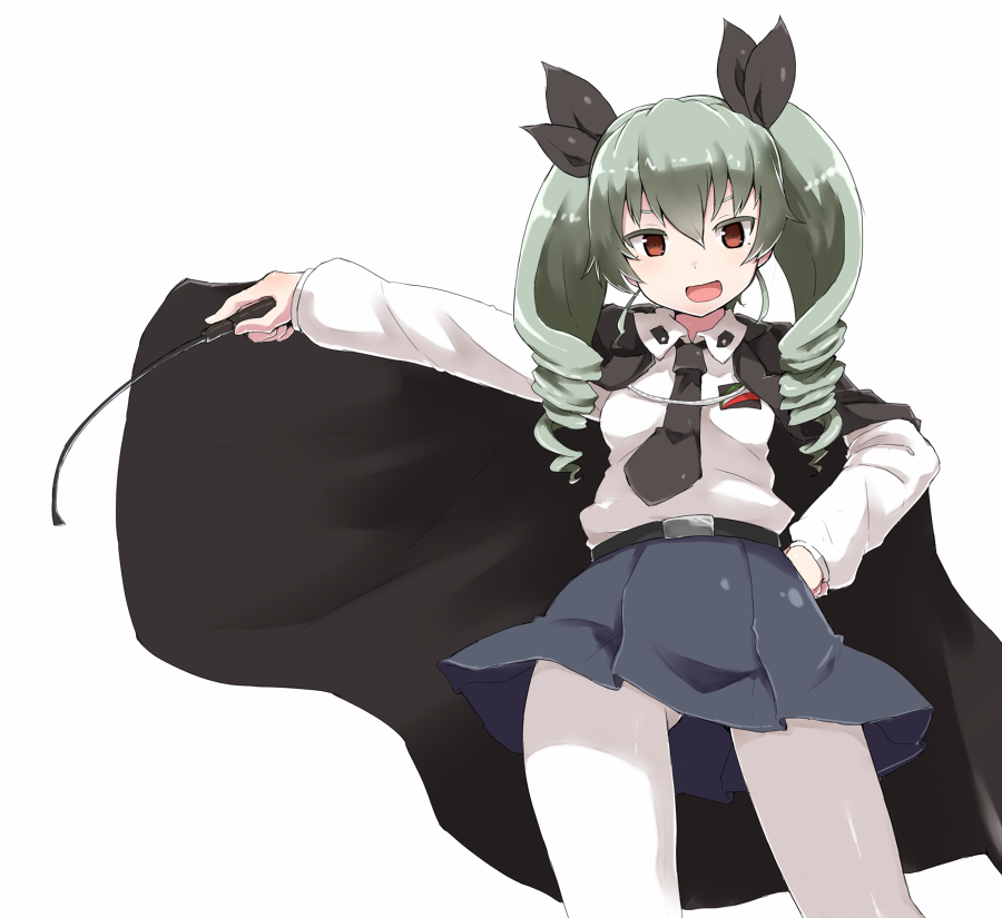 1girl, anchovy, cape, drill_hair, girls_und_panzer, green_hair, hair_ribbon, hand_on_hip