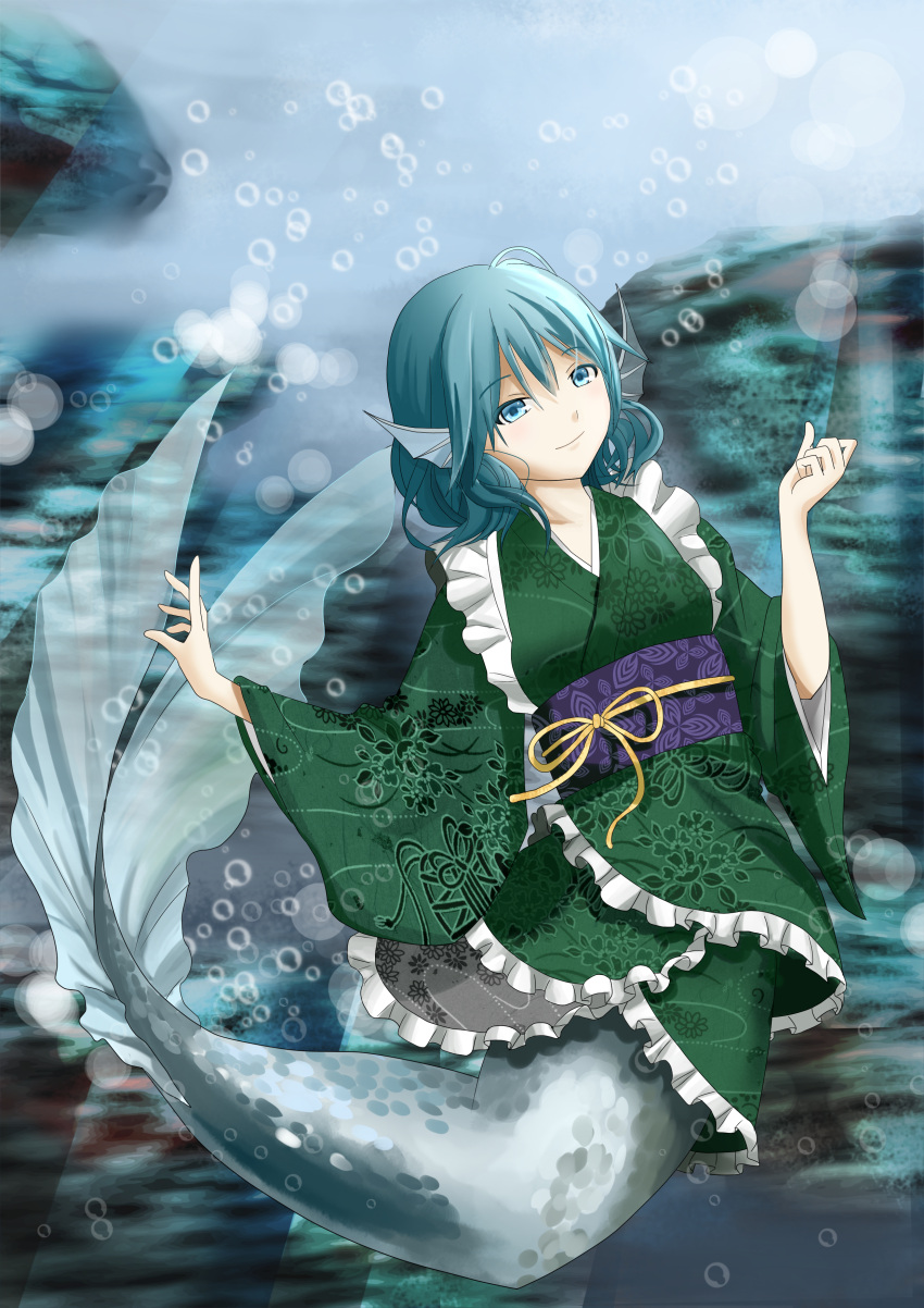 1girl, absurdres, air_bubble, animal_ears, blue_eyes, blue_hair, head_fins, heisotsu_(otanushi)