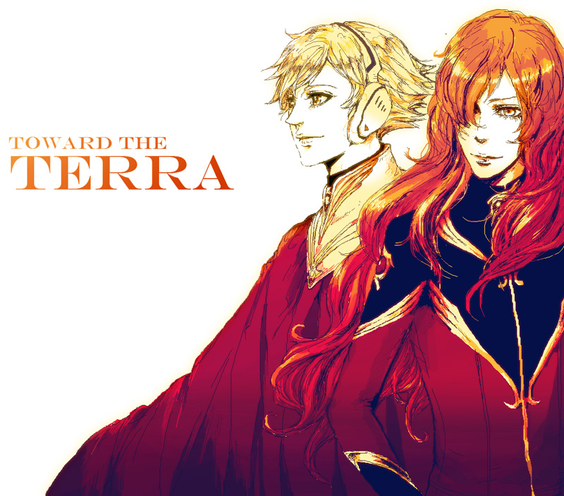 bad_id, blonde_hair, cape, headset, jomy_marquis_shin, lei_(artist), long_hair, multiple_boys, red_hair, redhead, tony_(toward_the_terra), toward_the_terra, uniform