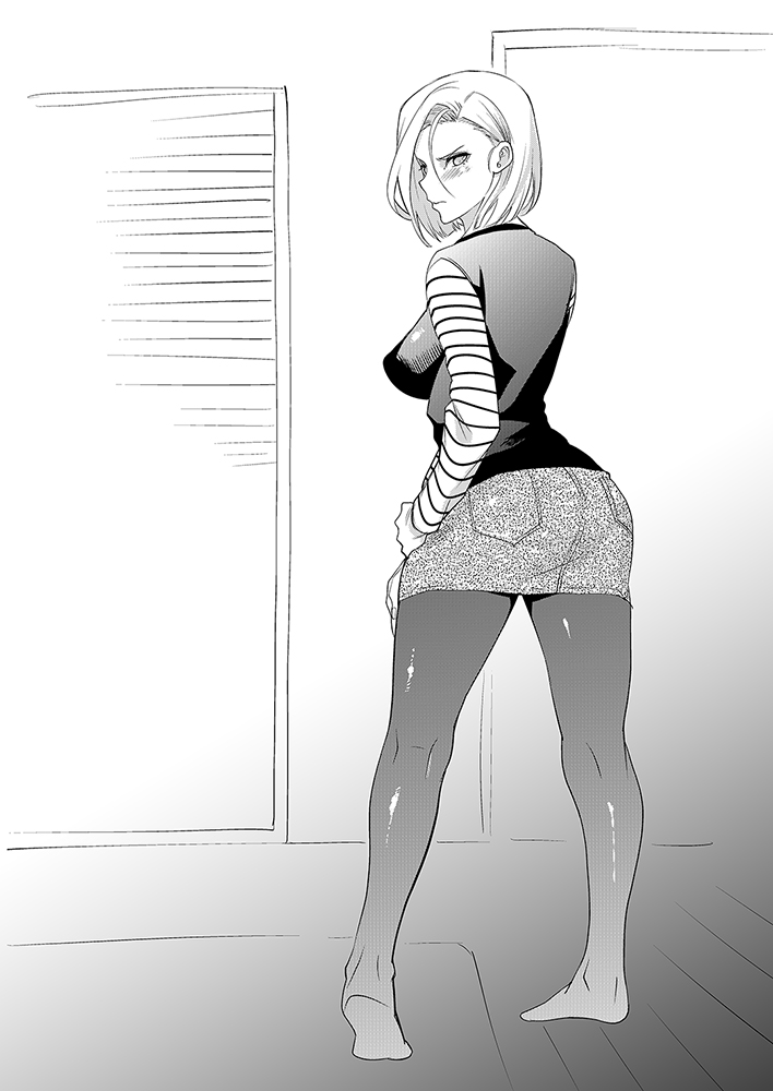 1girl, android_18, ass, blush, breasts, denim_skirt, dragon_ball, dragon_ball_z