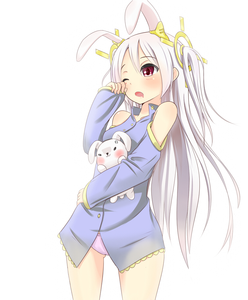 1girl, animal_ears, carrying, detached_sleeves, drooling, hair_ornament, long_hair, one_eye_closed