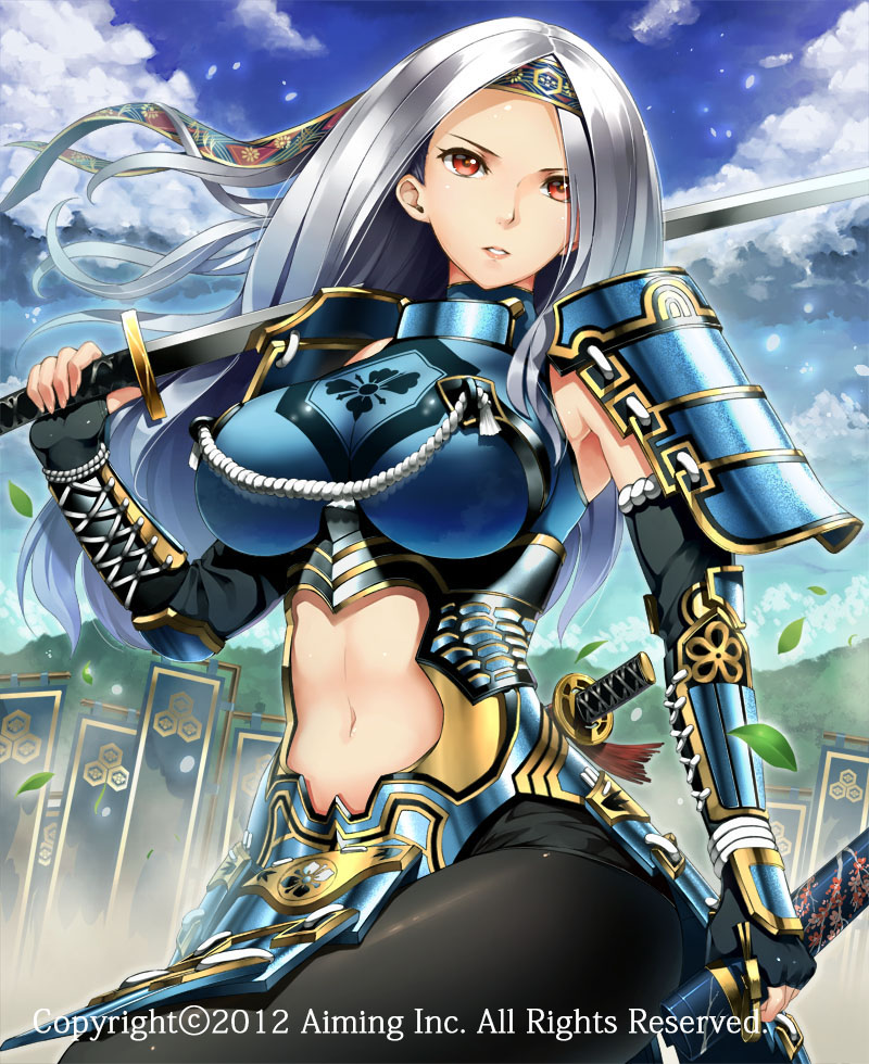 1girl, armor, banner, breasts, center_opening, clouds, elbow_gloves, fingerless_gloves
