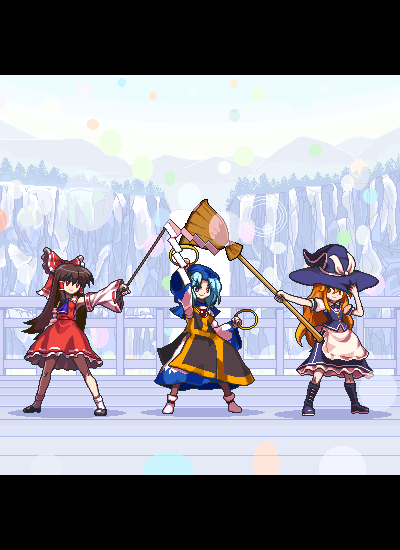 3girls, animated, animated_gif, apron, ascot, blonde_hair, blue_hair, bow
