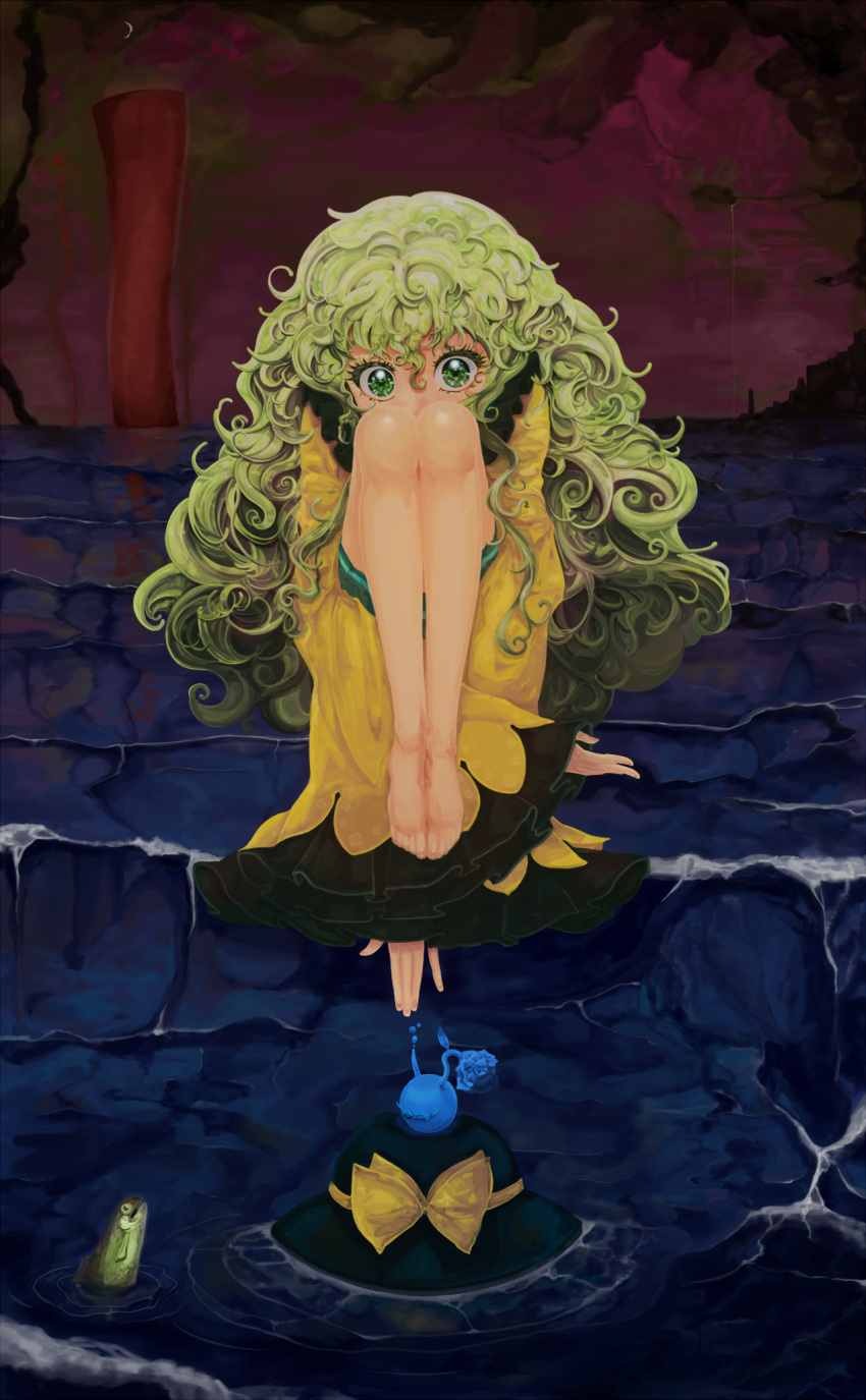 1girl, barefoot, blue_rose, closed_eyes, colored_eyelashes, covered_mouth, crescent_moon, curly_hair