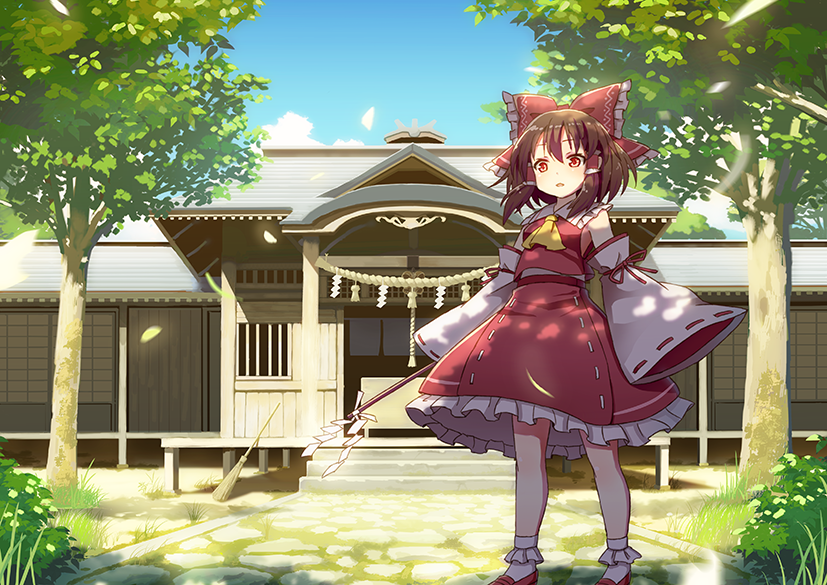 1girl, blue_sky, brown_hair, detached_sleeves, gohei, hair_bobbles, hair_ornament, hair_tubes