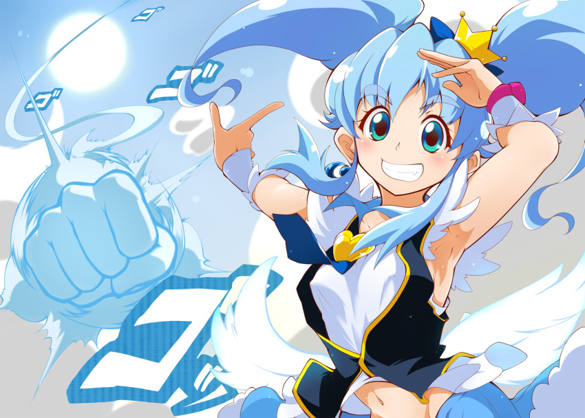 1girl, ashita_wa_hitsuji, blue_background, blue_eyes, blue_hair, blue_skirt, blush, crown