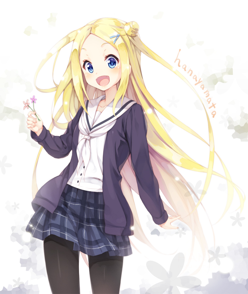 1girl, :d, black_legwear, blonde_hair, blue_eyes, copyright_name, fangs, flower
