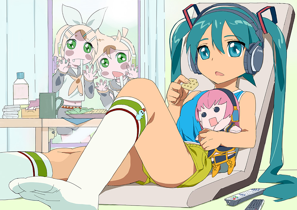 aqua_hair, controller, cracker, crackers, eating, feet, food, foreshortening, hatsune_miku, kagamine_len, kagamine_rin, kawasaki_kazuhiko, kneehighs, legs, long_hair, megurine_luka, navel, remote_control, saliva, shorts, socks, twintails, vocaloid, white_legwear, white_socks