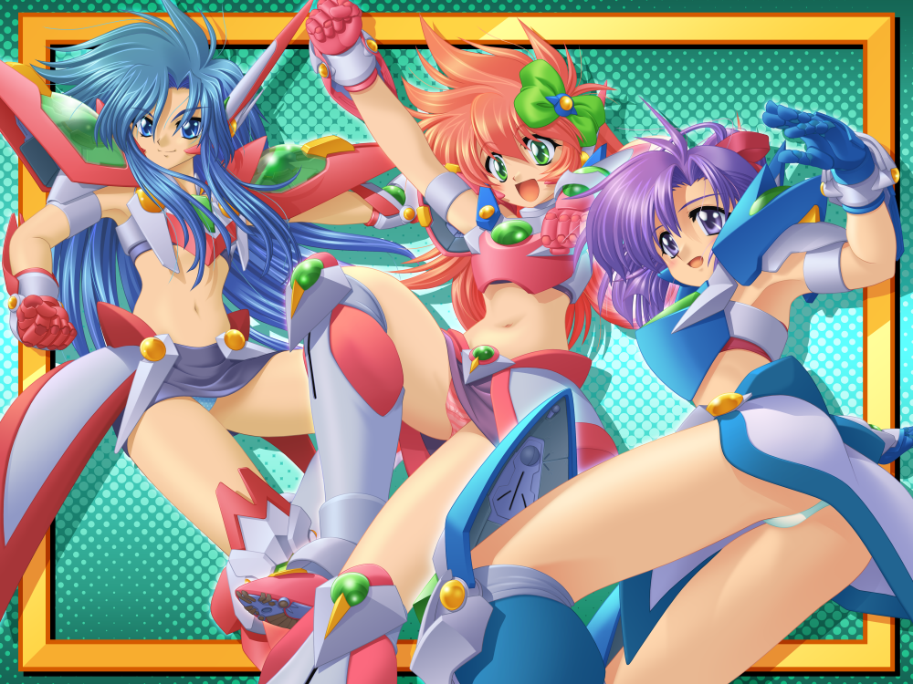 3girls, :d, ahoge, aquarius_(moonlight_lady), arm_up, armor, artemis_(moonlight_lady), blue_eyes, blue_hair, blue_panties, boots, bow, clenched_hand, gloves, green_background, green_eyes, hair_bow, knee_boots, long_hair, mecha_musume, midriff, minerva_(moonlight_lady), miniskirt, moonlight_lady_(pc_engine), multiple_girls, mynote, navel, open_mouth, panties, pantyshot, pink_hair, pink_panties, purple_hair, short_hair, skirt, smile, underwear, violet_eyes, white_panties
