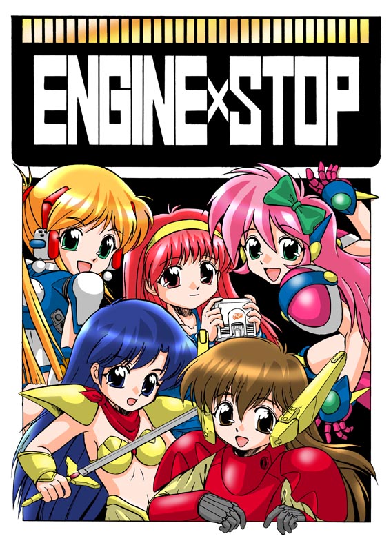 5girls, :d, armor, artemis_(moonlight_lady), asou_yuuko, bikini_armor, blonde_hair, blue_eyes