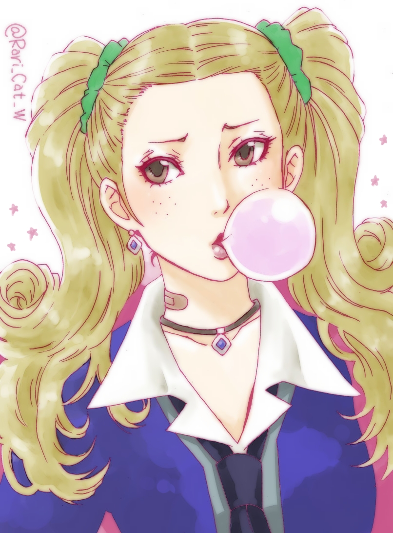 1girl, ayase_yuka, bandaid, blonde_hair, brown_eyes, bubblegum, earrings, freckles, jewelry, long_hair, necklace, necktie, persona, persona_1, school_uniform, scrunchie, solo, twintails, twitter_username, wakky_(rari-cat)
