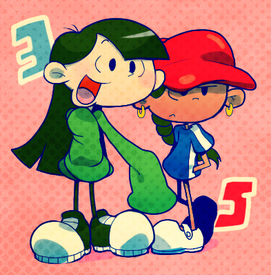 2girls, :<, abigail_lincoln, baseball_cap, black_hair, braid, character_name, codename:_kids_next_door