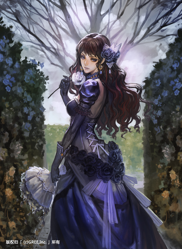 1girl, black_rose, blue_eyes, brown_hair, cross-laced_clothes, dress, earrings, flower