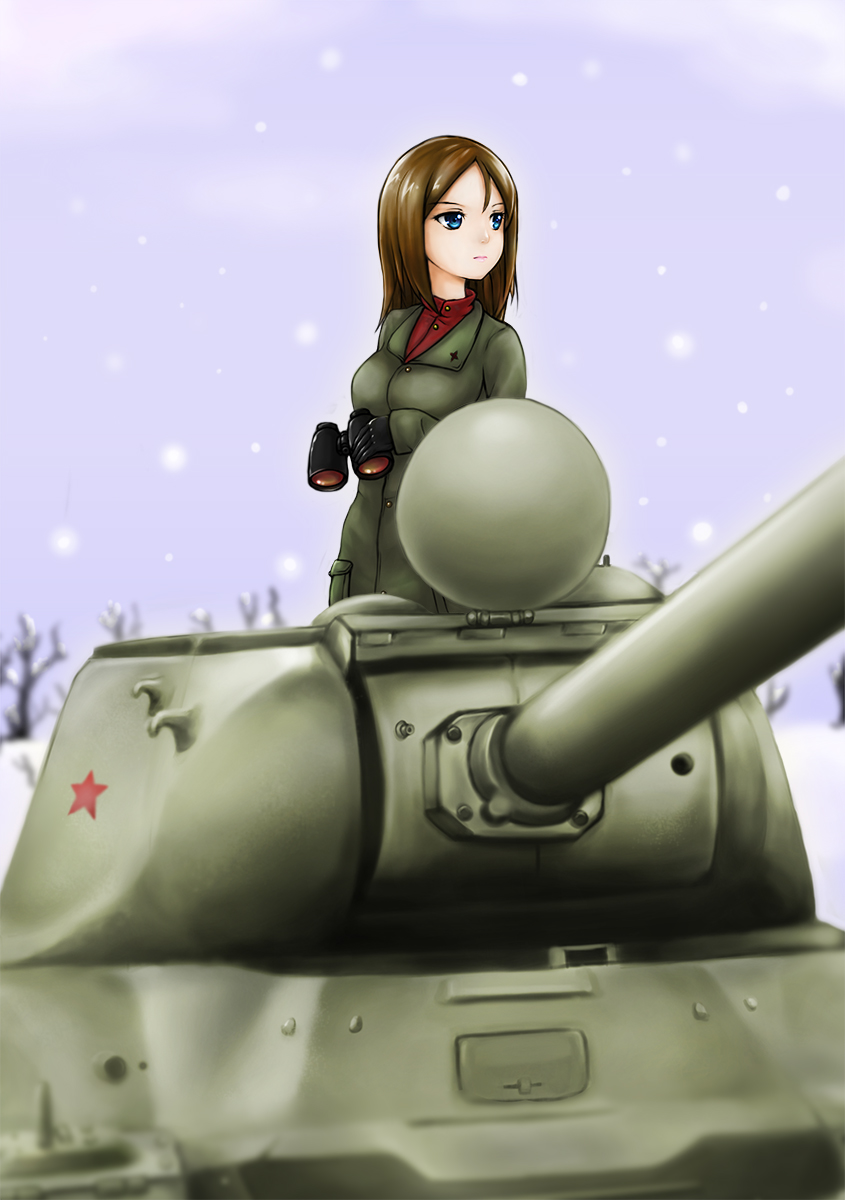 1girl, binoculars, blue_eyes, brown_hair, girls_und_panzer, gloves, highres, holding, jacket, long_hair, long_sleeves, military, military_uniform, military_vehicle, naoki_noritaka, nonna, outdoors, sky, snow, snowing, solo, standing, tank, tree, uniform, vehicle