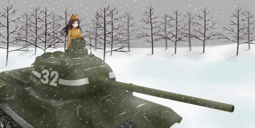 1girl, alternate_costume, black_hair, blue_eyes, coat, garrison_cap, girls_und_panzer, gloves, hat, highres, long_hair, military, military_uniform, military_vehicle, nonna, outdoors, seatollead, snow, snowing, solo, t-34, tank, tree, uniform, vehicle