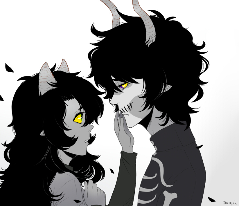 1boy, 1girl, black_hair, fangs, green_eyes, grey_skin, hand_on_another's_face, homestuck