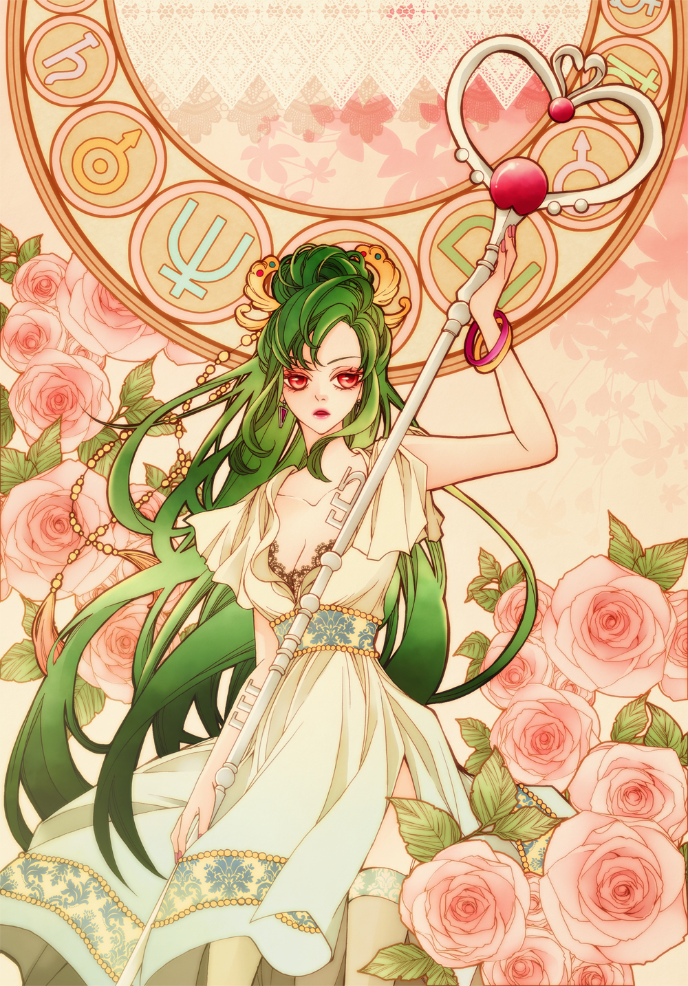 1girl, art_nouveau, bishoujo_senshi_sailor_moon, bracelet, dress, earrings, expressionless, flower