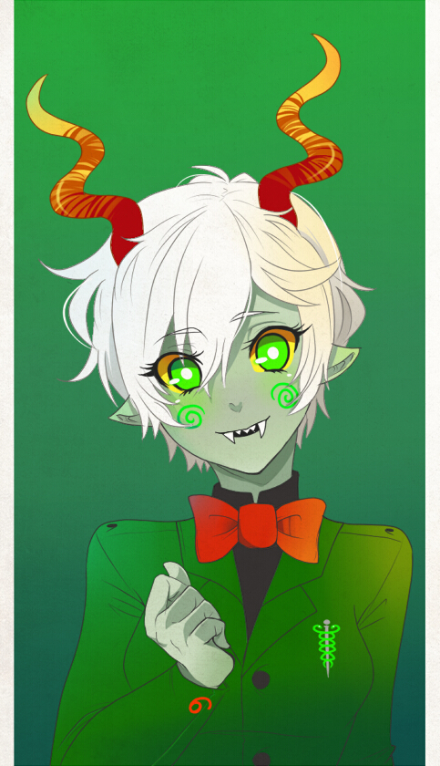 1girl, bow, calliope, costume, fangs, formal, green_eyes, grey_skin, homestuck, horns, jin-nyeh, short_hair, smile, solo, spiral, suit, white_hair, yellow_sclera