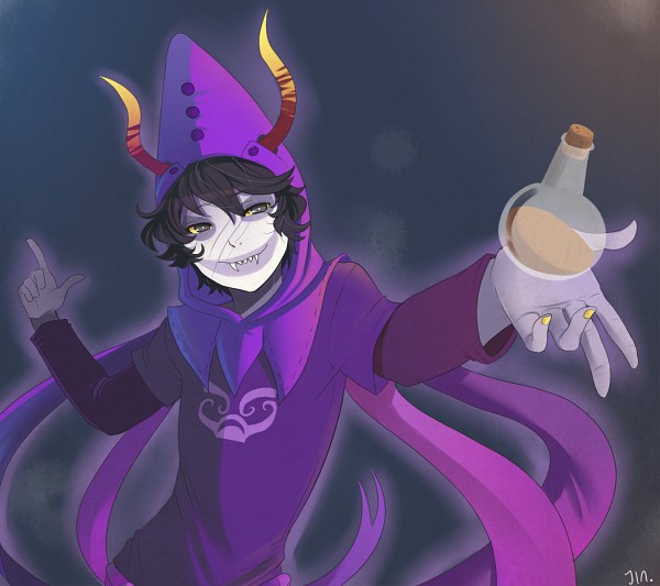 1boy, black_hair, bottle, codpiece, fangs, gamzee_makara, grey_skin, holding_bottle