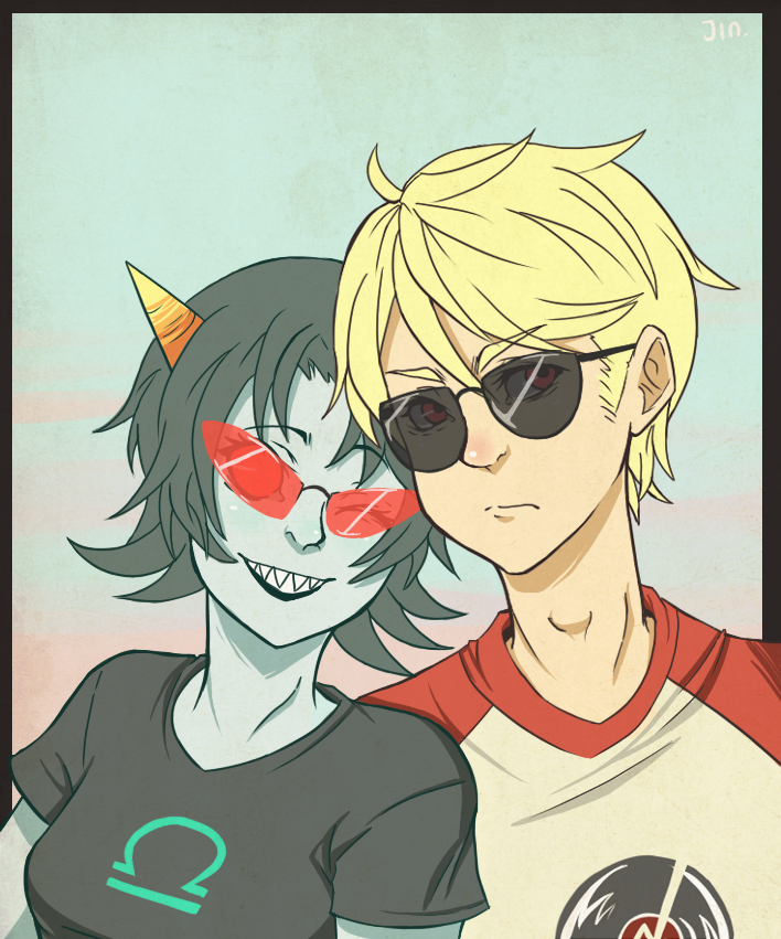 1boy, 1girl, black_hair, blonde_hair, dave_strider, fangs, glasses, grey_skin