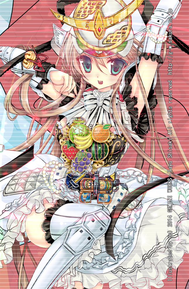 1girl, armor, banana, bell, dress, food, food_themed_clothes, fruit